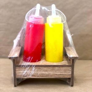 Ketchup & Mustard Containers In Wooden Bench